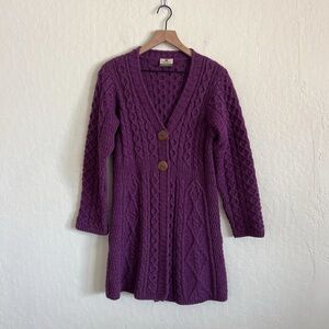 Carraig Donn 100% Merino Wool Cable Knit 2 Button Long Cardigan Small Purple